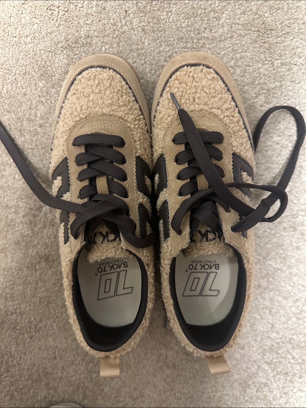 Womens Beige Sherpa Sneakers with Dark Brown Accents